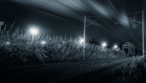 Preview wallpaper railway, night, bw, grass, direction