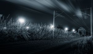 Preview wallpaper railway, night, bw, grass, direction