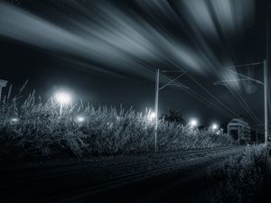 Preview wallpaper railway, night, bw, grass, direction