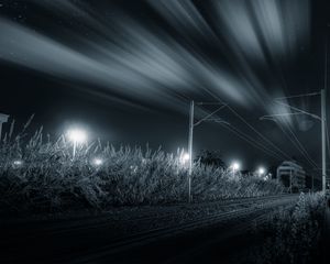 Preview wallpaper railway, night, bw, grass, direction