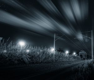 Preview wallpaper railway, night, bw, grass, direction