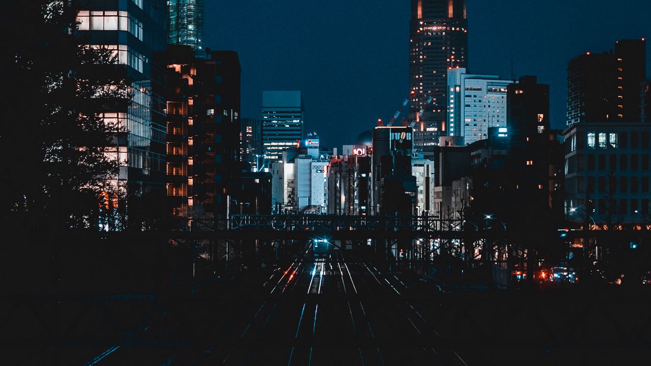 Wallpaper railway, night, city, light