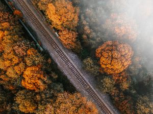 Preview wallpaper railway, rails, aerial view, trees, treetops