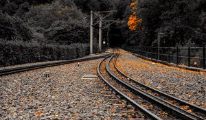 Preview wallpaper railway, rails, fallen leaves, autumn