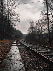 Preview wallpaper railway, rails, forest, cloudy