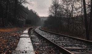 Preview wallpaper railway, rails, forest, cloudy