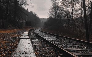 Preview wallpaper railway, rails, forest, cloudy