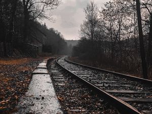 Preview wallpaper railway, rails, forest, cloudy