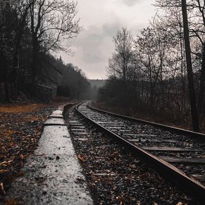 Preview wallpaper railway, rails, forest, cloudy