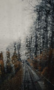 Preview wallpaper railway, rails, glare, fog, forest