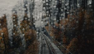 Preview wallpaper railway, rails, glare, fog, forest