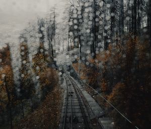 Preview wallpaper railway, rails, glare, fog, forest