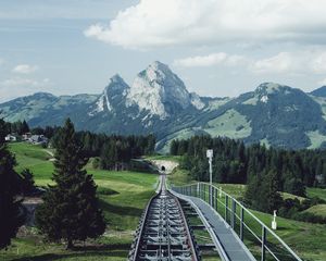 Preview wallpaper railway, rails, mountains, nature, landscape