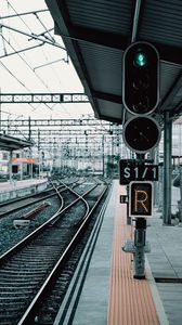 Preview wallpaper railway, rails, station, traffic light, platform