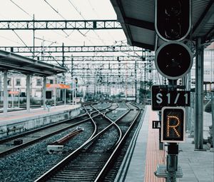 Preview wallpaper railway, rails, station, traffic light, platform