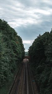 Preview wallpaper railway, rails, trees, tunnel, corridor