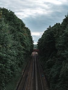 Preview wallpaper railway, rails, trees, tunnel, corridor