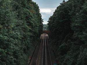 Preview wallpaper railway, rails, trees, tunnel, corridor