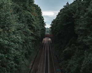 Preview wallpaper railway, rails, trees, tunnel, corridor