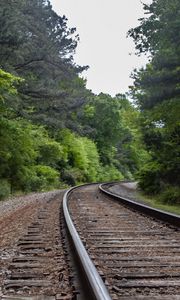 Preview wallpaper railway, rails, turn, trees, forest, landscape