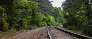 Preview wallpaper railway, rails, turn, trees, forest, landscape