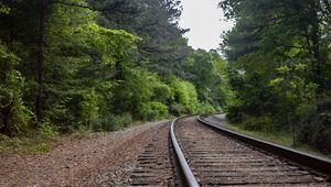 Preview wallpaper railway, rails, turn, trees, forest, landscape