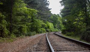 Preview wallpaper railway, rails, turn, trees, forest, landscape