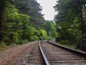 Preview wallpaper railway, rails, turn, trees, forest, landscape