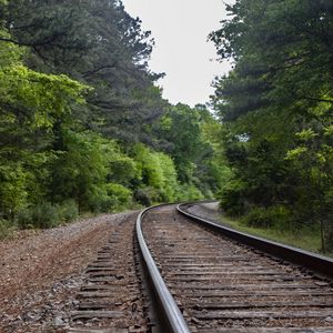 Preview wallpaper railway, rails, turn, trees, forest, landscape