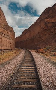 Preview wallpaper railway, rails, turn, canyon, rocks, landscape