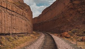 Preview wallpaper railway, rails, turn, canyon, rocks, landscape