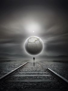 Preview wallpaper railway, silhouette, loneliness, art, planet, futurism, surrealism