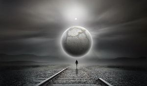 Preview wallpaper railway, silhouette, loneliness, art, planet, futurism, surrealism