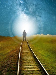 Preview wallpaper railway, silhouette, road, light, starry sky