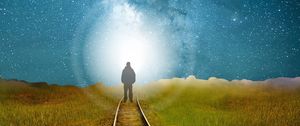 Preview wallpaper railway, silhouette, road, light, starry sky