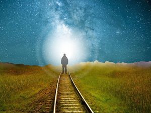 Preview wallpaper railway, silhouette, road, light, starry sky