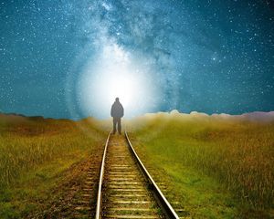 Preview wallpaper railway, silhouette, road, light, starry sky