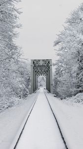 Preview wallpaper railway, snow, bridge, trees, winter