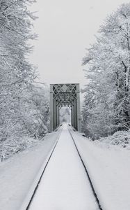 Preview wallpaper railway, snow, bridge, trees, winter