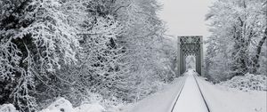 Preview wallpaper railway, snow, bridge, trees, winter