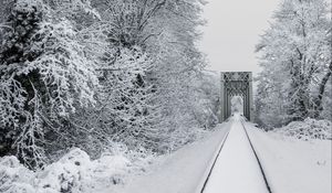 Preview wallpaper railway, snow, bridge, trees, winter