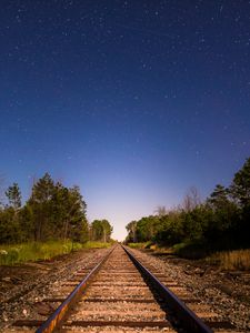 Preview wallpaper railway, starry sky, direction, trees