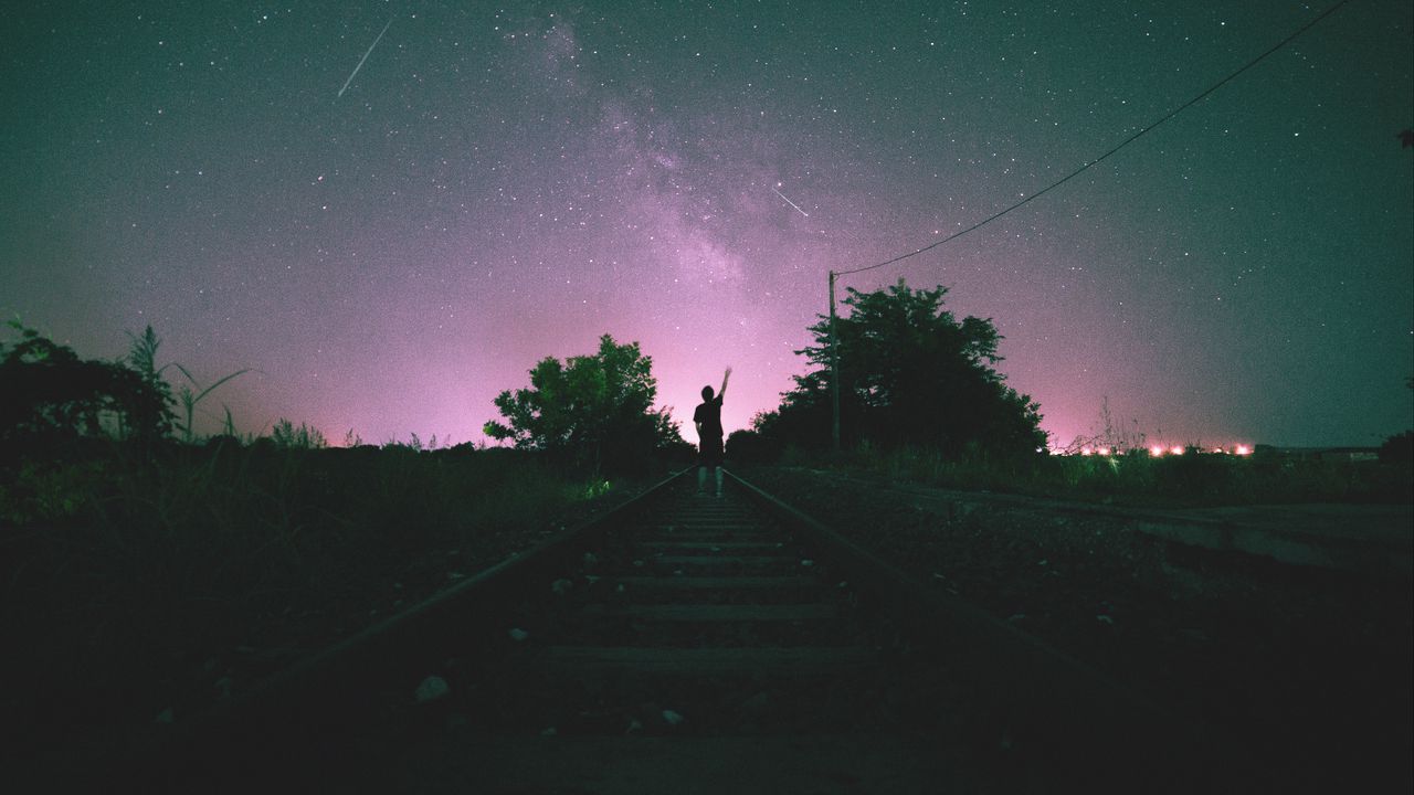 Wallpaper railway, starry sky, man, night