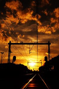 Preview wallpaper railway, sunset, clouds, station, wires, traffic lights