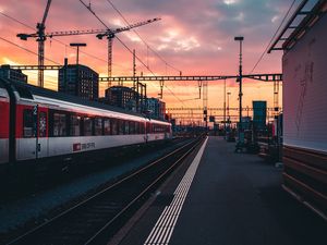 Preview wallpaper railway, train, station, sunset, waiting