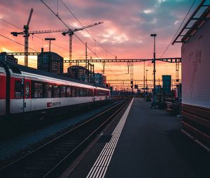 Preview wallpaper railway, train, station, sunset, waiting