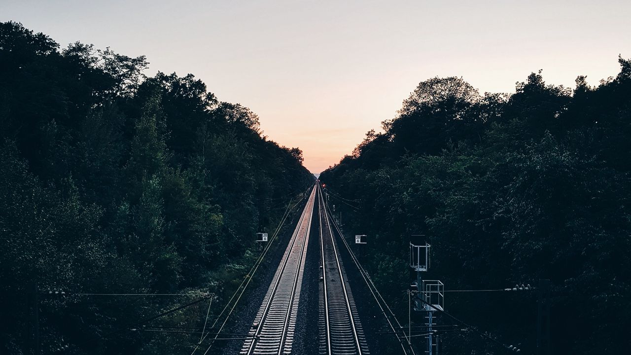 Wallpaper railway, trees, evening, dawn