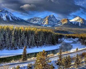 Preview wallpaper railway, wood, river, fir-trees, winter, cold