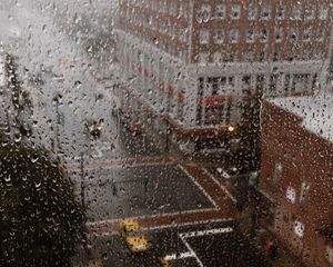 Preview wallpaper rain, glass, drops, city, wet, macro