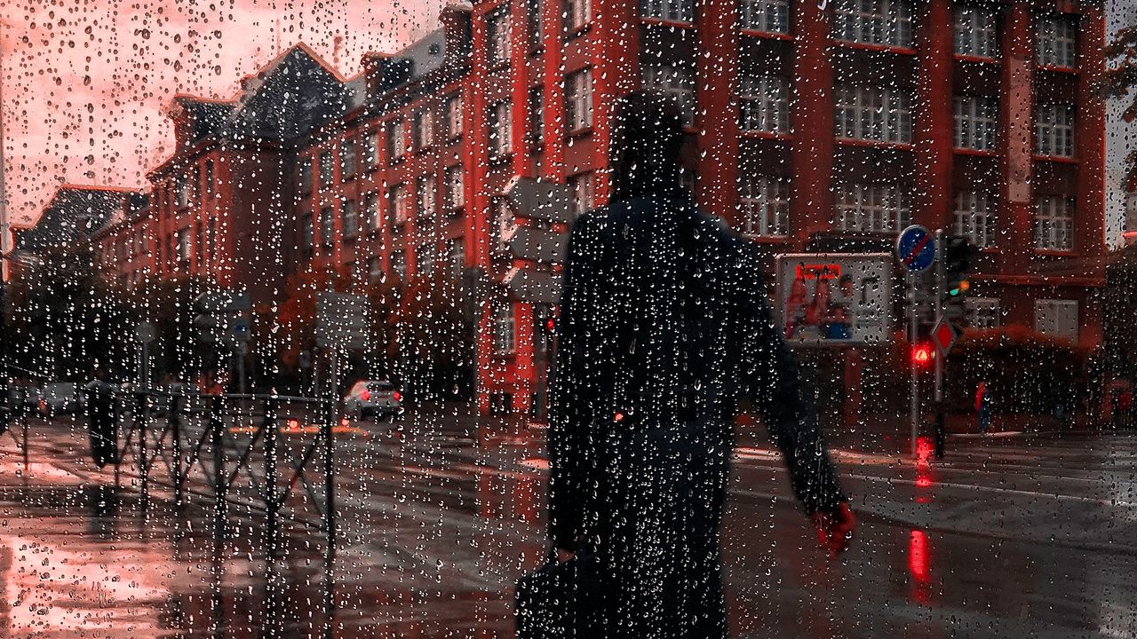 Wallpaper rain, silhouette, city, drops, wet